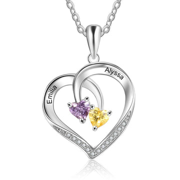 925 Sterling Silver Personalized Heart Necklace with 2 Birthstones Engraved Name Couple Necklace Silver Jewelry