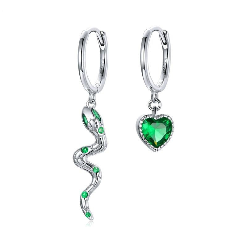 925 Sterling Silver Snake Green Heart Hoop Earrings
