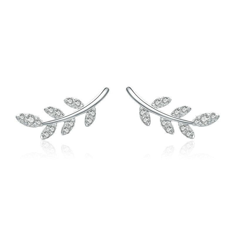 925 Sterling Silver Spring Leaf Leaves Zircon Stud Earrings
