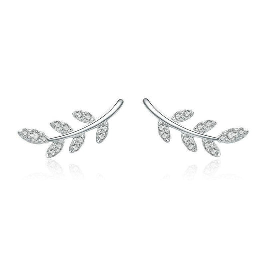 925 Sterling Silver Spring Leaf Leaves Zircon Stud Earrings