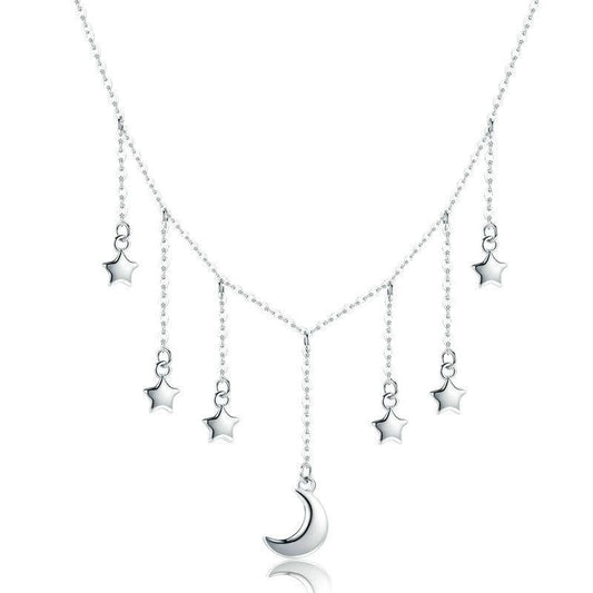 Collar con cadena de estrellas y luna brillante de plata de ley 925