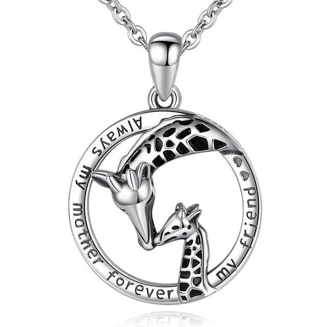 925 Sterling Silver Two Giraffe Pendant Heart Necklace