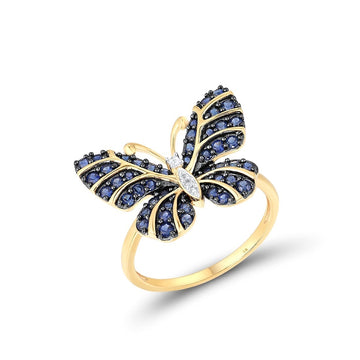 9K 375 Yellow Gold Sapphire White Topaz Butterfly Ring