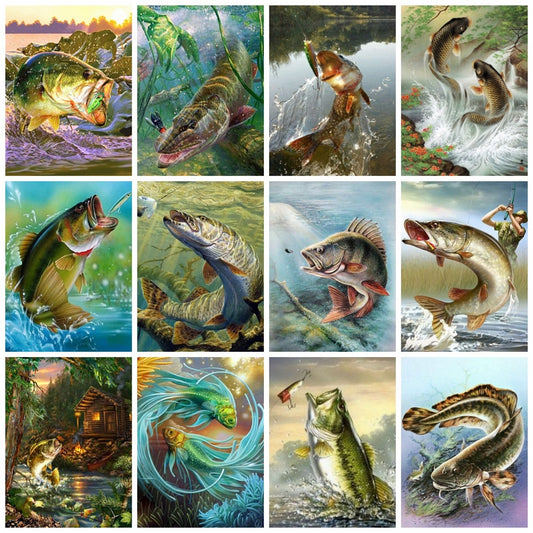 Living Room Decoration Fish Diamond Painting Kit Picture Mosaic Cross Stitch Fishing Animal For Home