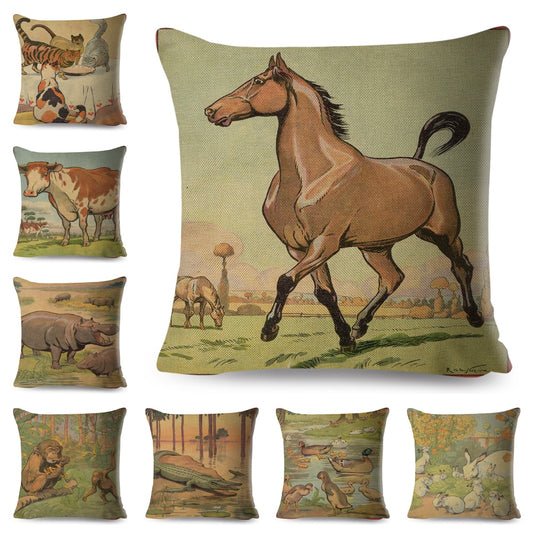 Vintage Style Farm Animal Cushion Cover Cute Cartoon Horse Lion Pillow Case