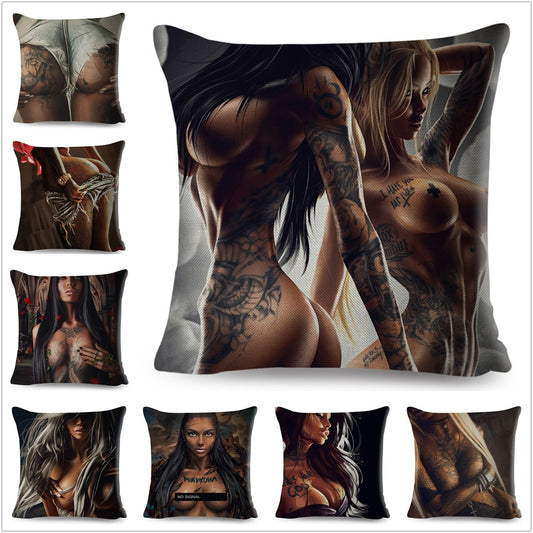 Funda de almohada con diseño de chica guapa y tatuaje gótico oscuro.