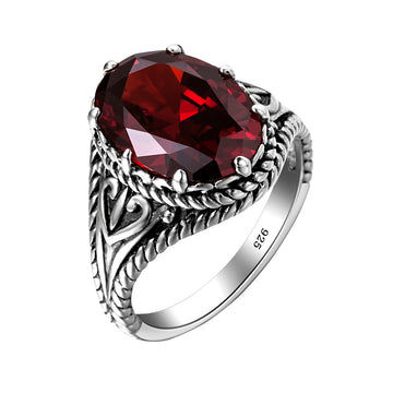 Vintage Red Garnet Ring Oval Gemstone 925 Sterling Silver Ring