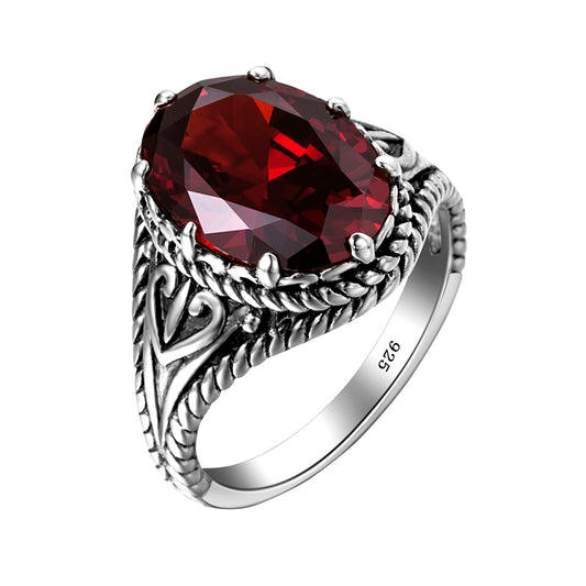 Anillo vintage de granate rojo con piedra preciosa ovalada en plata de ley 925