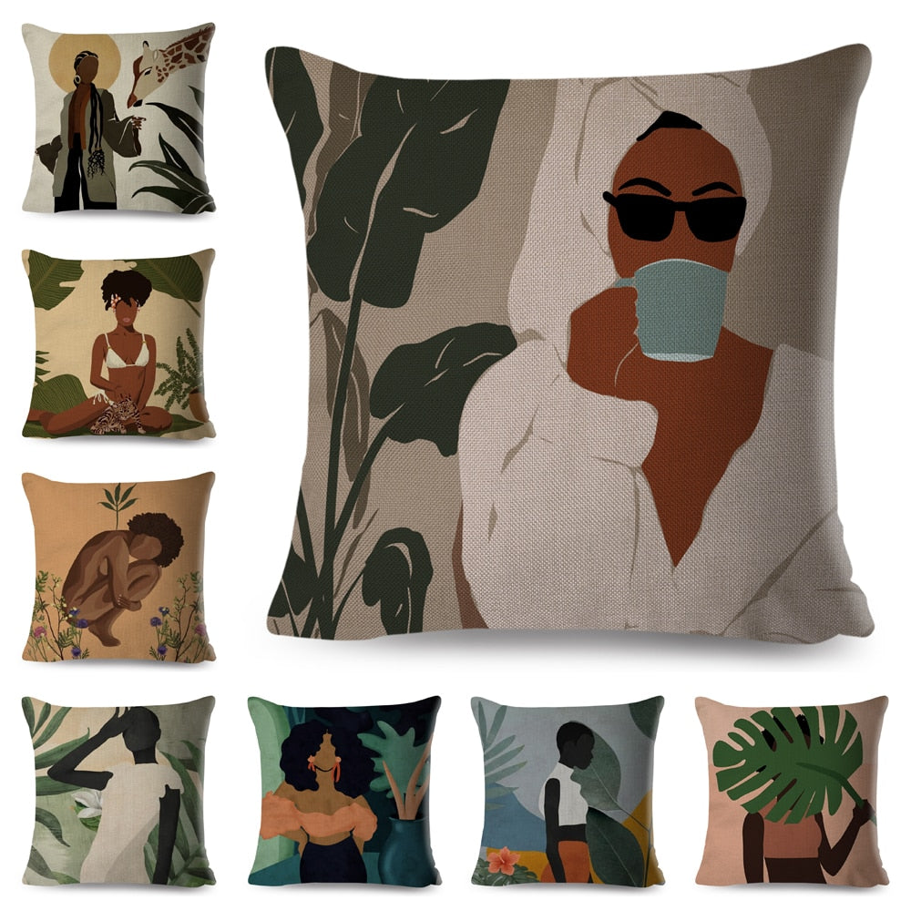 Beautiful Black Africa Women Pillow Case Decor Cartoon Geometric Lady Cushion Cover
