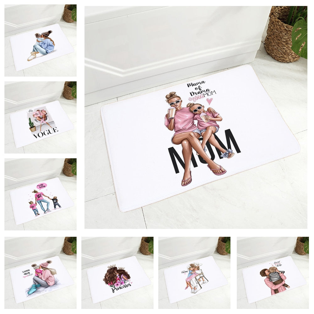 Cute Cartoon Fashion Mom and Baby Floor Mat Decor Super Mama Doormat