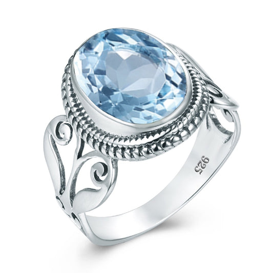 Anillo vintage de plata de ley S925 con aguamarina y piedra de nacimiento de marzo.