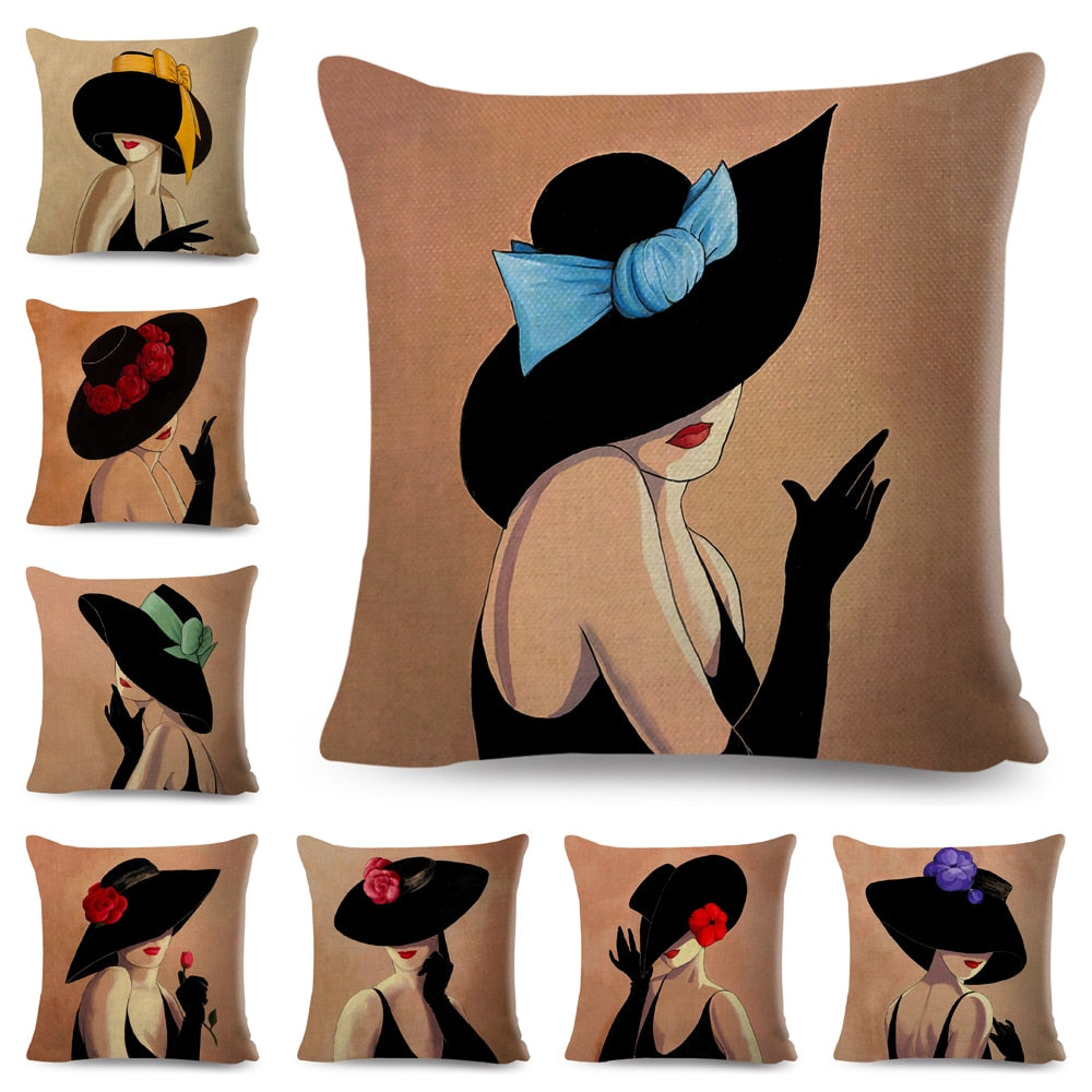 Vintage Style European Hat Women Cushion Cover Decor Elegant Lady Print Pillow Case