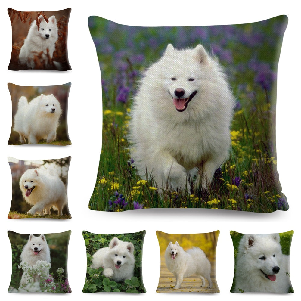 Cute White Dog Samoyed Cushion Cover Decor Lovely Pet Animal Pillow Case
