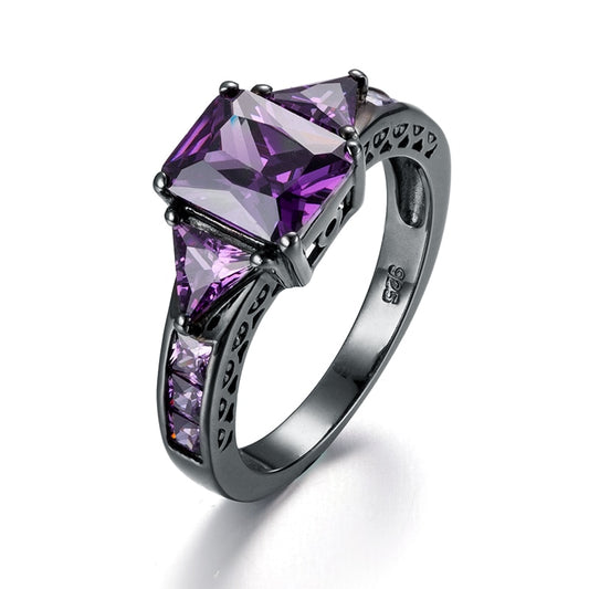 Anillo de amatista morada de plata de ley 925 100 % chapado en oro negro, joyería vintage
