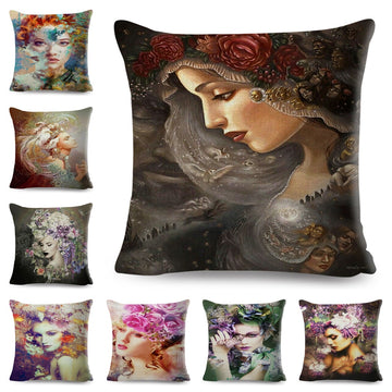Vintage Style Cartoon Flower Girl Art Pillow Case Decor Elegant Woman Cushion Cover