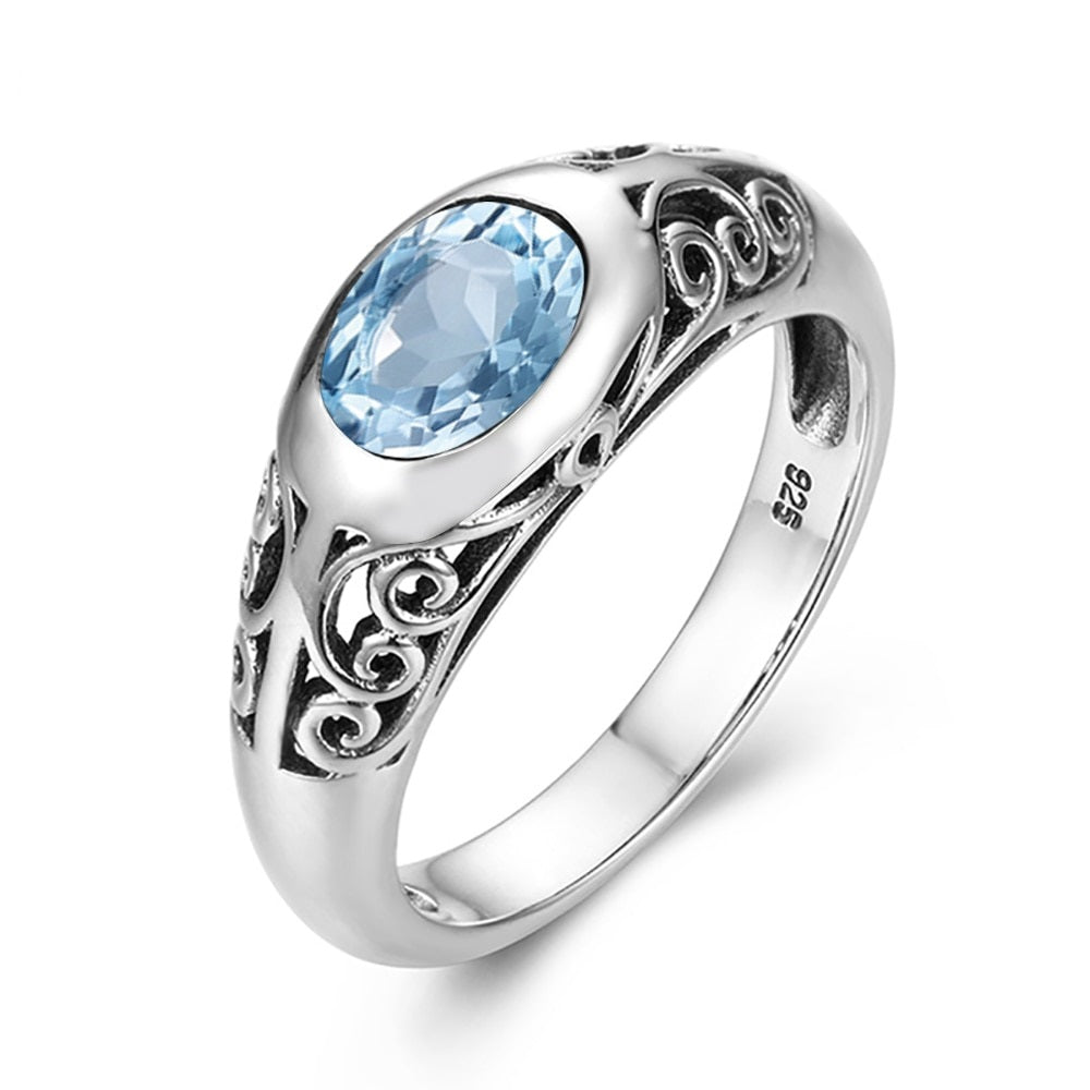 Blue Topaz Aquamarine Stone 925 Sterling Silver March Birthstone Ring