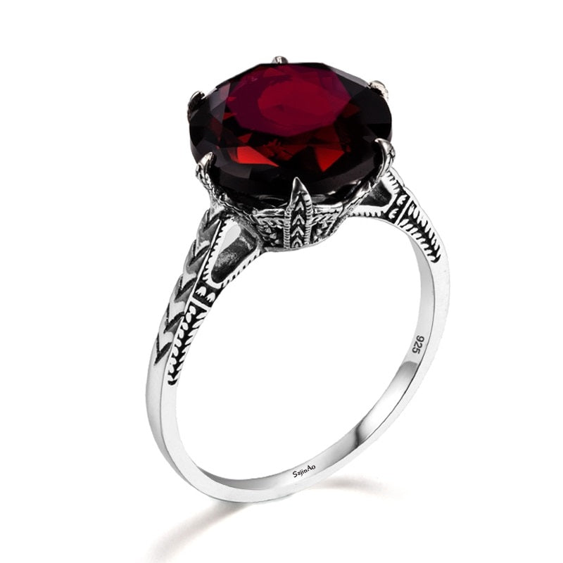 Dark Red Garnet 925 Sterling Silver Flower Charms Engagement Ring