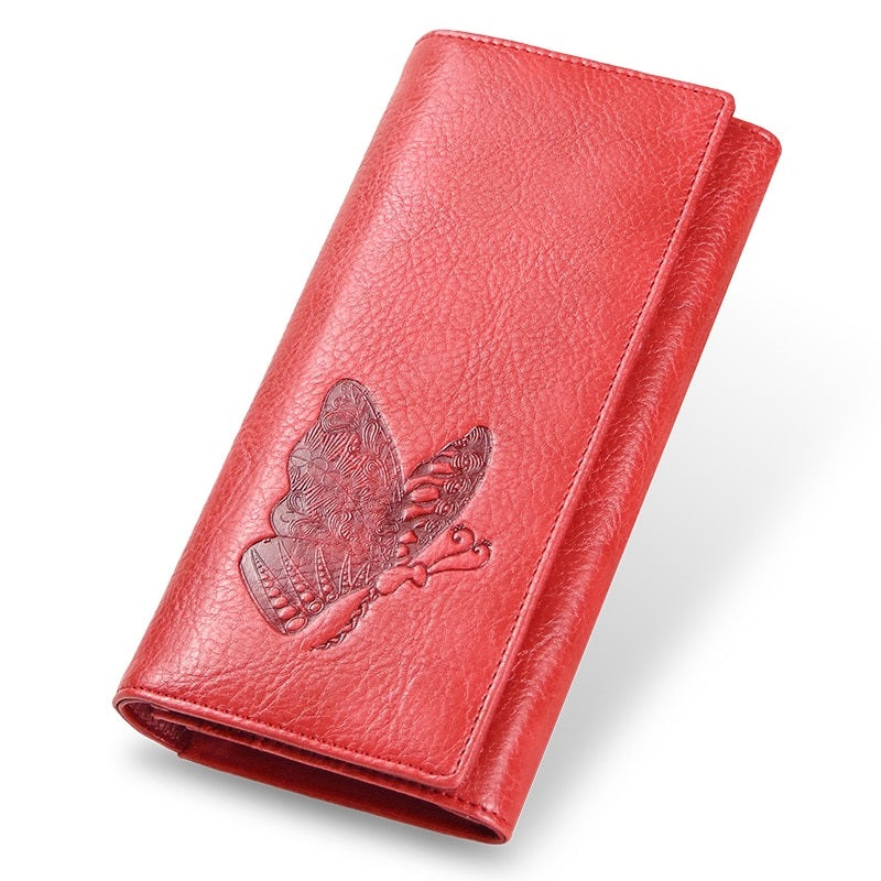 Genuine Leather Women Wallet Long Purse Butterfly Embossing Wallets Female Card Holders Carteira Feminina Phone bag