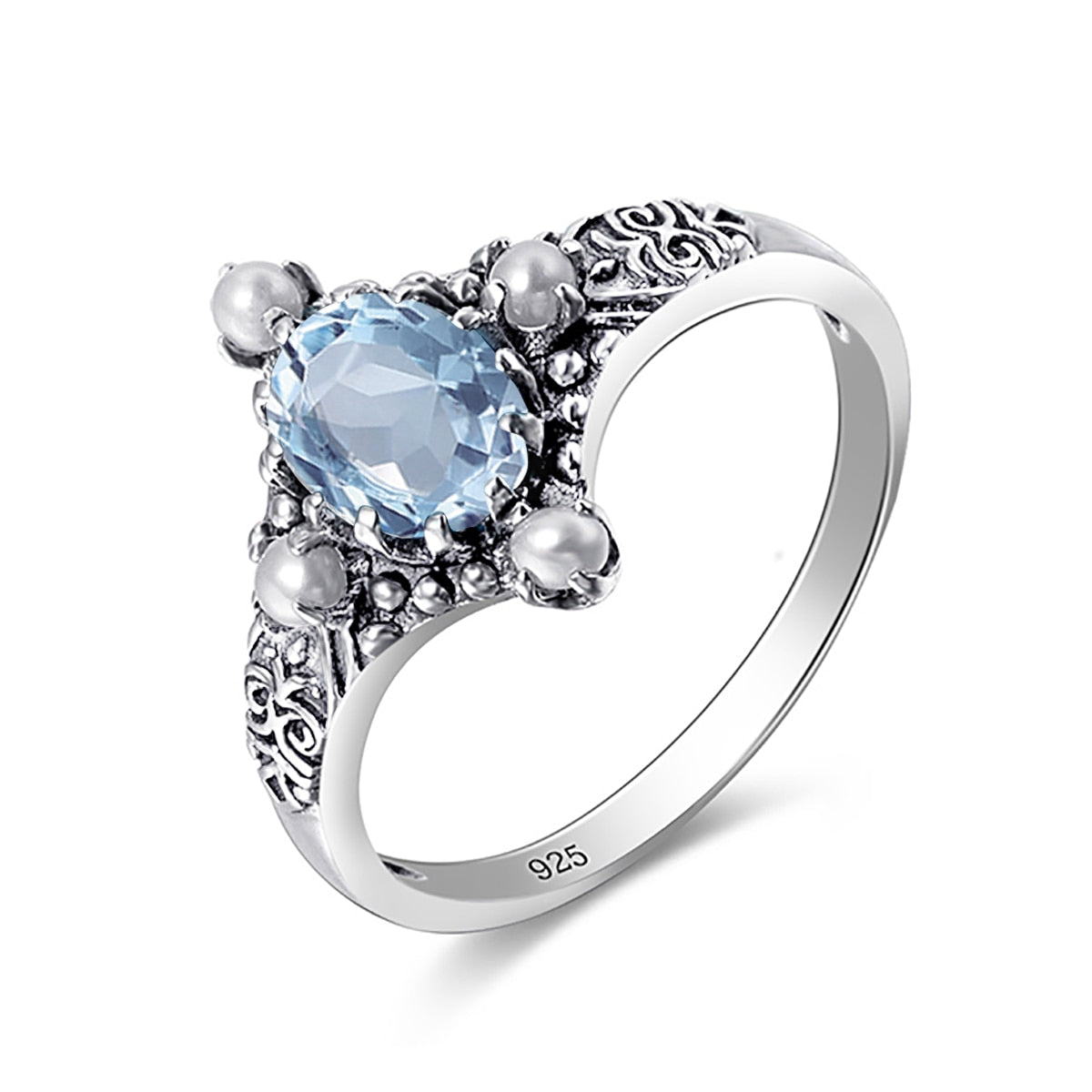 925 Silver Aquamarine Gemstone Fresh Water Pearl Oval Shape Ring