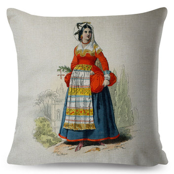 Vintage Style Cushion Cover Decor Cartoon European Lady Print Pillow Case