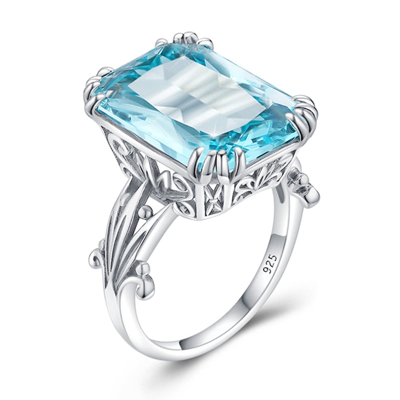 Real 925 Sterling Silver Aquamarine Sky Blue Topaz Ring