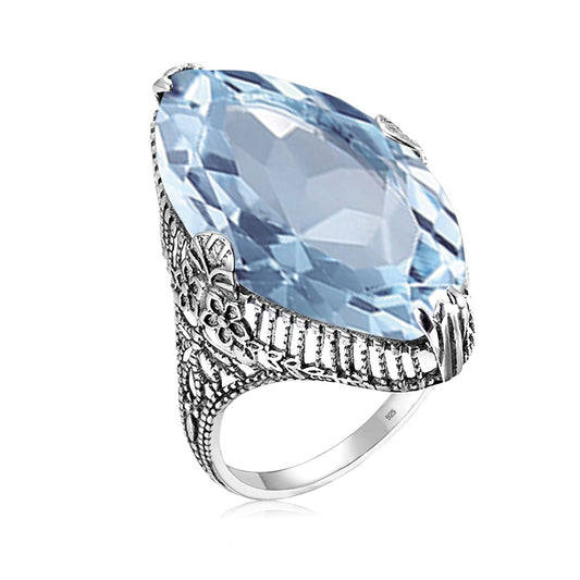 Anillo de aguamarina marquesa de plata de ley maciza 925
