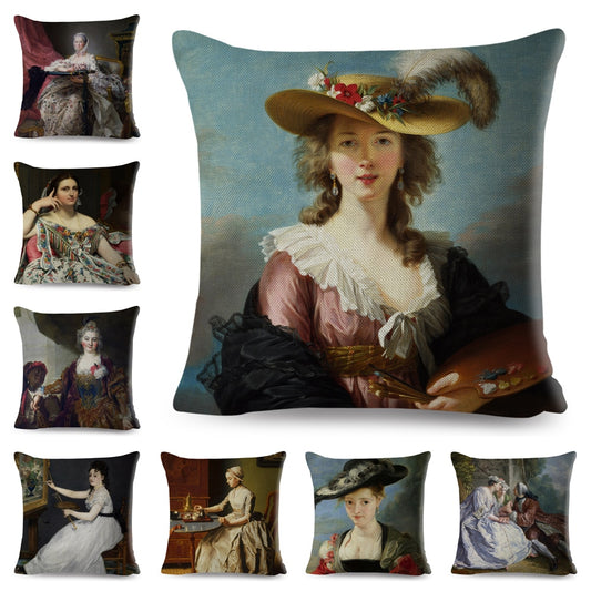 Funda de cojín estilo vintage para mujer, decoración europea, estampado de dama y niña