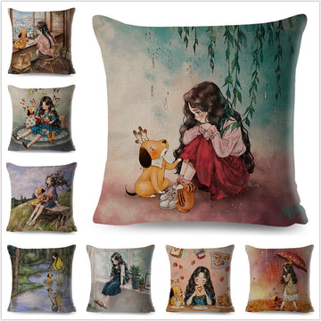 Colorful Cute Cartoon Girl and Pet Dog Fairy Tale World Pillowcase Cushion Cover