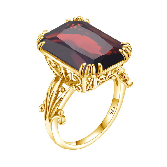 Anillo de plata de ley 925 maciza con piedra preciosa rectangular de granate rojo