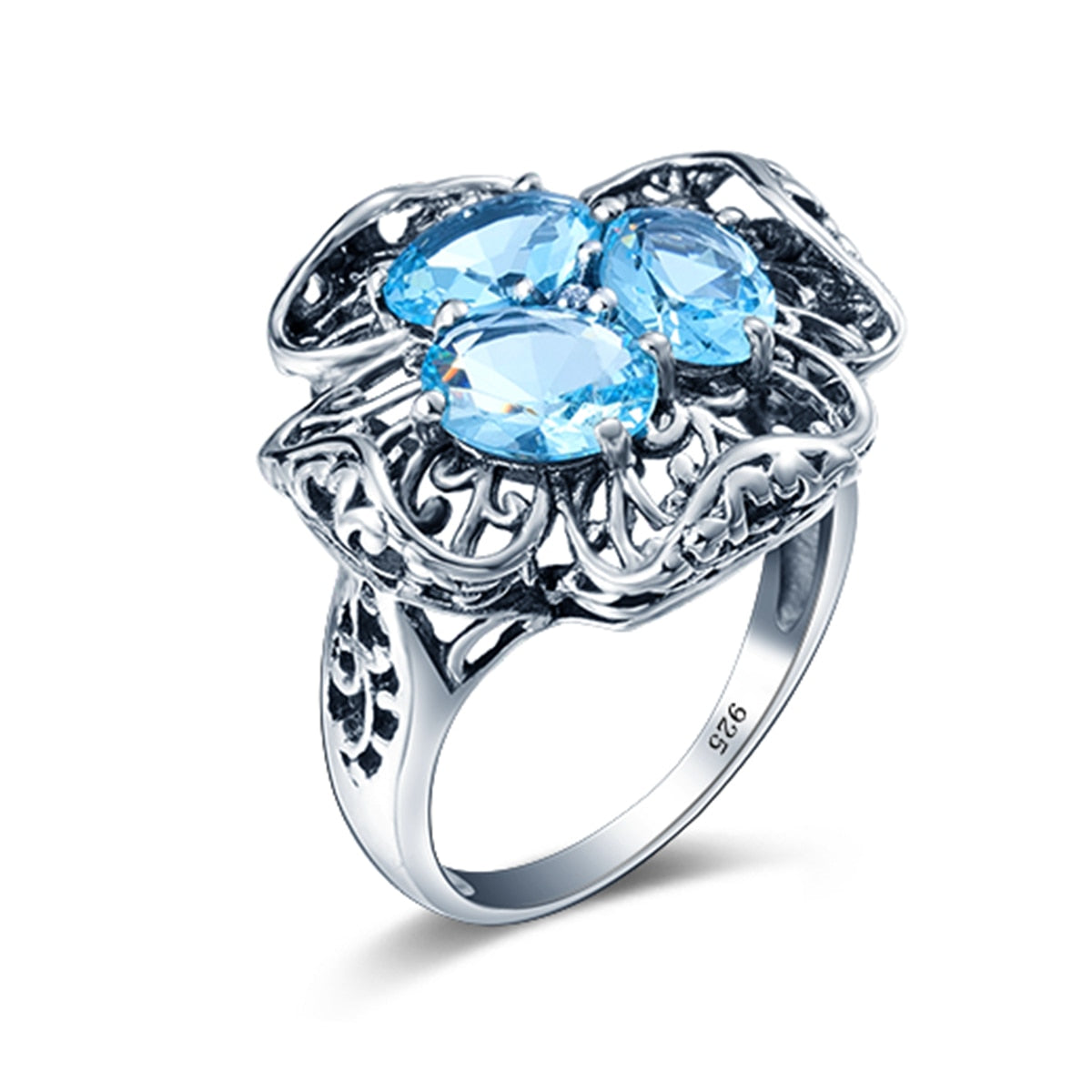 Vintage Aquamarine 925 Sterling Silver Wedding Engagement Ring
