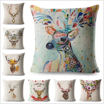 Nordic Style Pillowcase Decor Watercolor Flower Deer Animals Cushion Cover