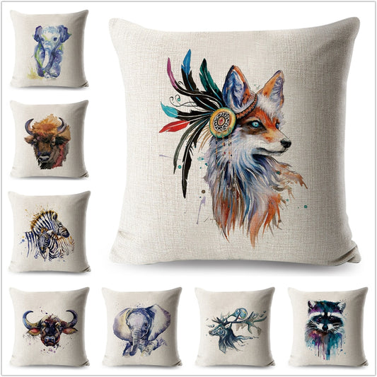 Watercolor Fox Elephant Cushion Cover Colorful Deer Cartoon Animals Pillow Case