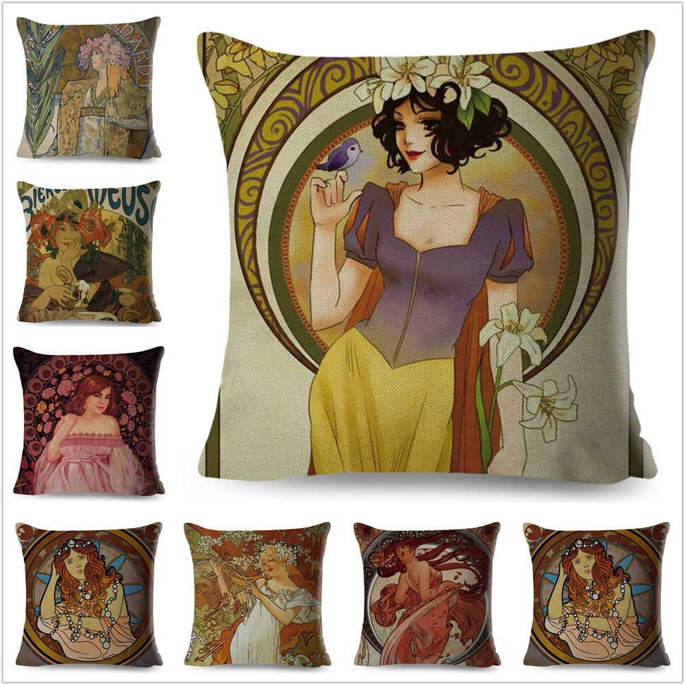 Vintage Mucha Style Cushion Cover Decor Art Nouveau Beautiful Girl Pattern Pillow Case
