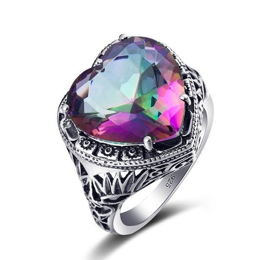 Anillo de plata de ley maciza 925 con topacio místico arcoíris en forma de corazón