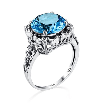 Byzantine Style Blue Birthstone Aquamarine Ring