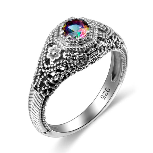 Anillo original de plata de ley 925 con topacio arcoíris místico