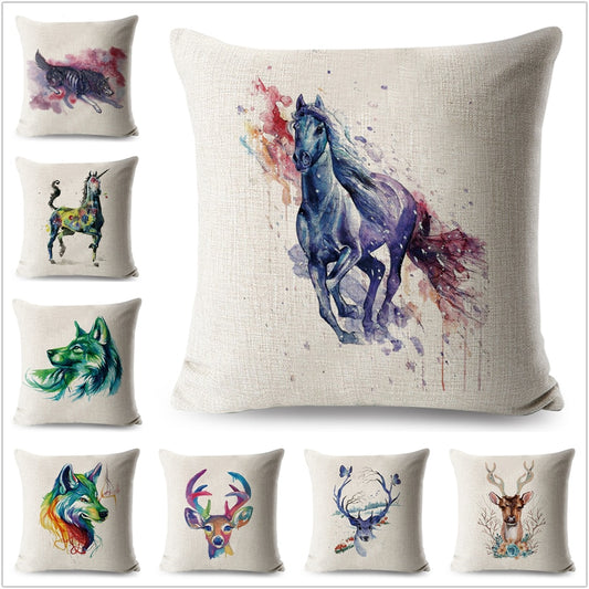 Watercolor Horse Cushion Cover Cartoon Colorful Wolf Deer Animal Pillow Case