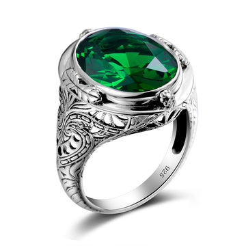 Green Emerald 925 Sterling Silver Engagemet Gemstone Oval Victoria Ring