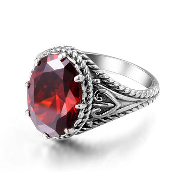 Vintage Red Garnet Ring Oval Gemstone 925 Sterling Silver Ring