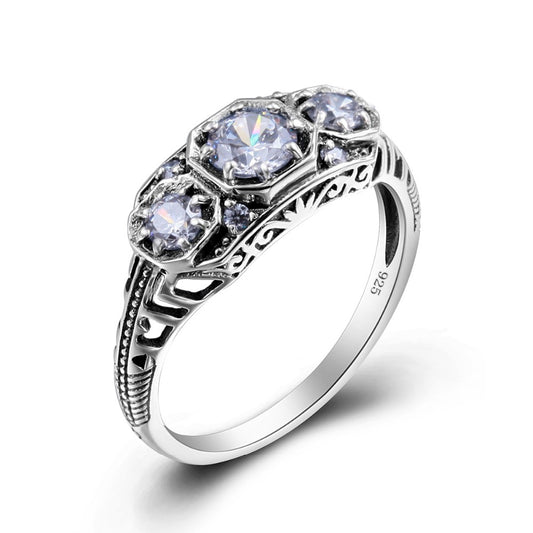 Anillo de compromiso de tres piedras estilo Vitoria, 100 % plata de ley 925