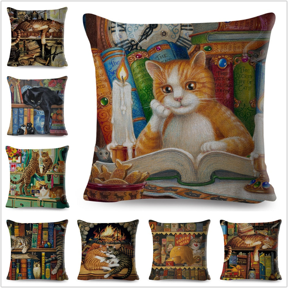 Cute Book Cat Party Cushion Cover Decor Cartoon Animal Pillow Case