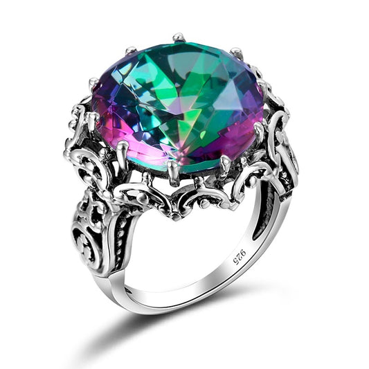 Anillo bohemio de pétalos de flor de plata de ley 925 con topacio místico arcoíris