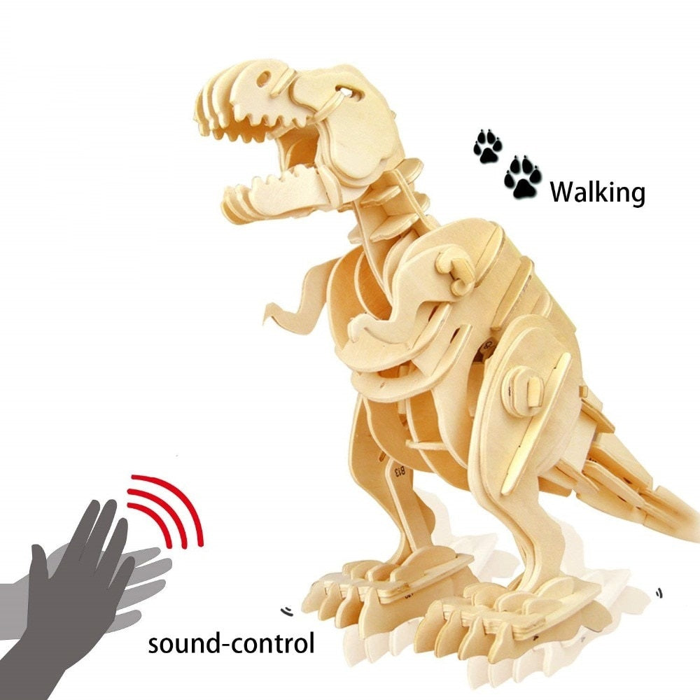 DIY 3D Walking T-rex Wooden Puzzle Game Assembly Sound Control Dinosaur Toy Gift for Children Adult
