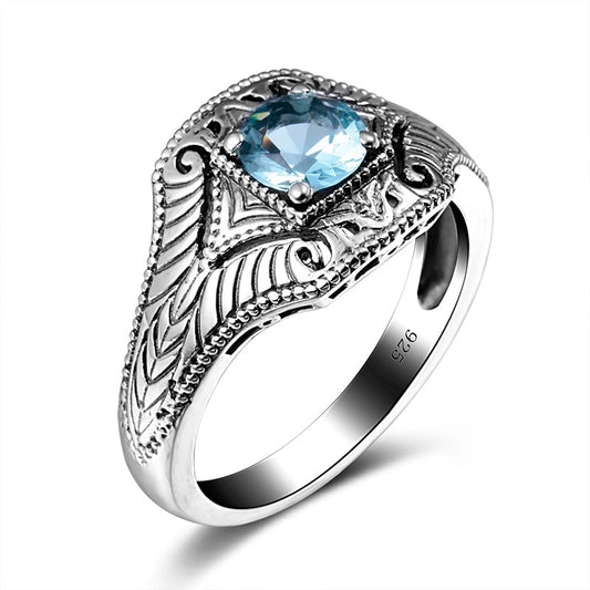 Anillo vintage estilo punk con aguamarina azul en plata de ley 925 auténtica
