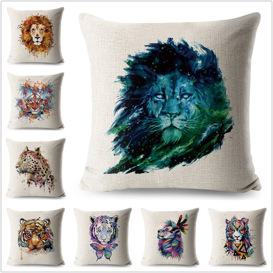 Cartoon Animals Cushion Cover Watercolor Colourful Lion Tiger Pillow Case