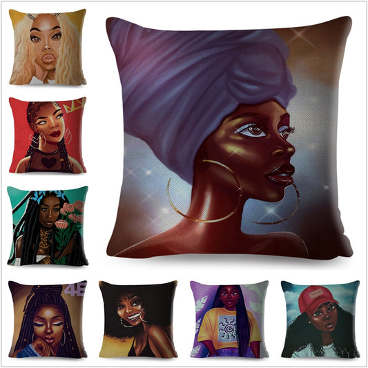 Black Women Beautiful Africa Girl Pillow Case Polyester Decor Colorful Cartoon Cushion Cover
