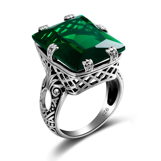 Anillo bague vintage de plata de ley 925 con esmeralda verde