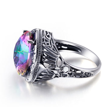 Anillo de plata de ley maciza 925 con topacio místico arcoíris en forma de corazón