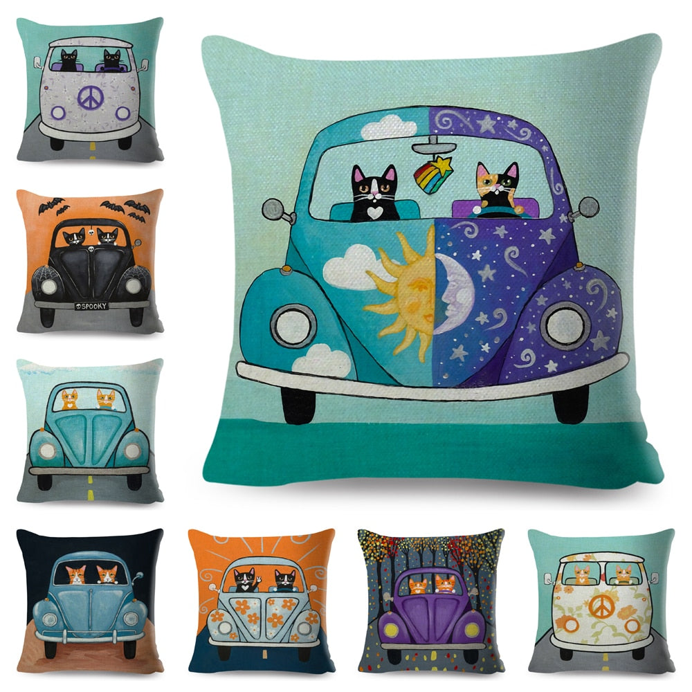Cute Cartoon Drive Car Cat Pillow Case Decor Pet Animal Cushion Cover