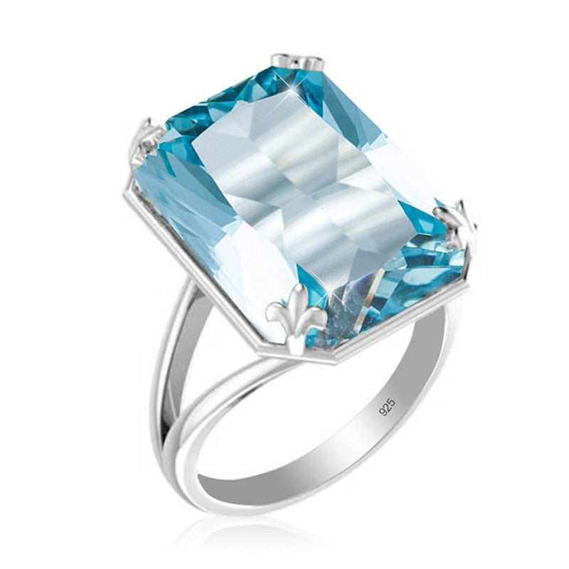 925 Sterling Silver Square Sky Blue Aquamarine Ring